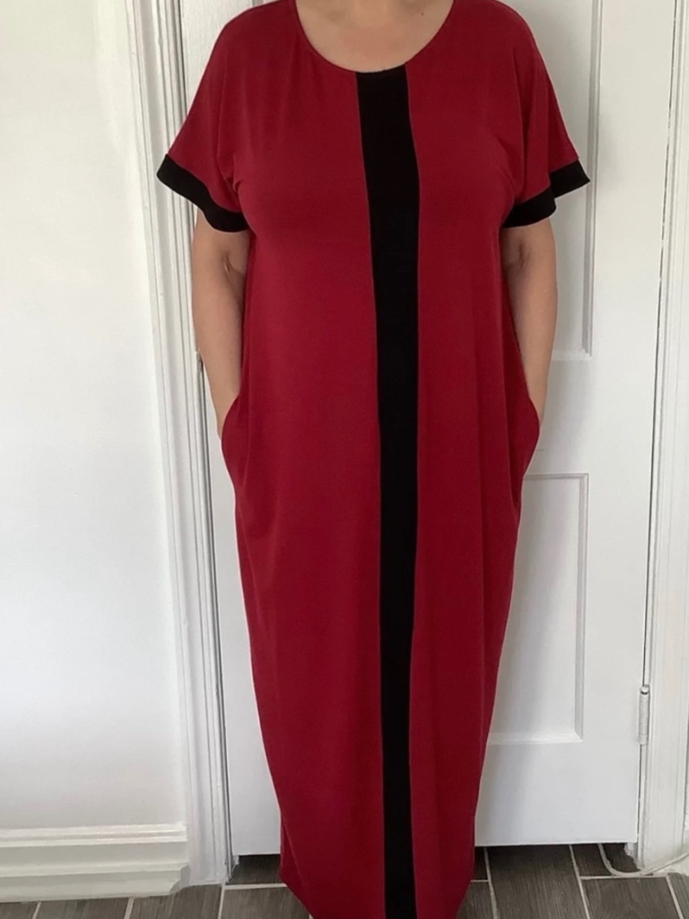 Red Black Colorblock Maxi Dress Loose Fit Caftan Style Pockets Lounge Boho